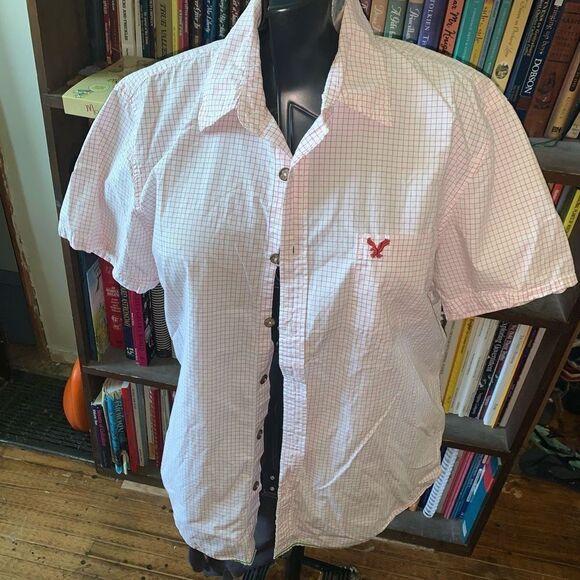 American Eagle red and white check vintage fit button down shirt - Picture 1 of 3